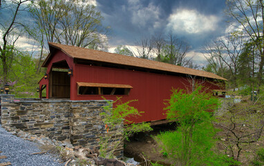 An Old Restored 1844 Covered Bridge on a Spring Day