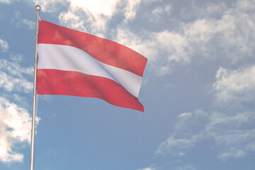 3d rendering of National Flag concept. Flag of Austria waving in wind. Blue cloudy sky on background. 