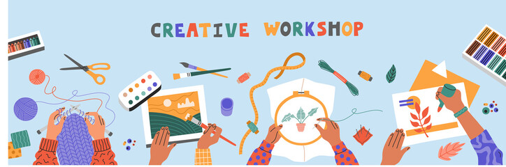 Creative art workshop for kids, drawing, embroider, knit and colored paper applique, top view on blue table. Horizontal banner template for advertising. Hand drawn illustration in flat cartoon style