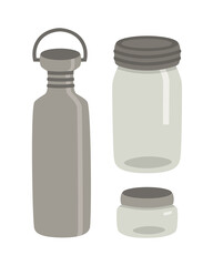 Zero waste set of storage bottles. Glass jars and metal bottle for water. Hand-drawn flat vector illustration of storage bottles isolated on white background. Ecology concept. Say no to plastic.