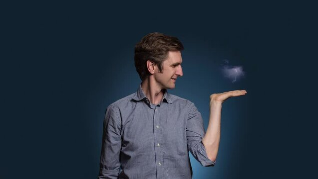 Caucasian Man with Smoke Cloud and Lighting on Palm