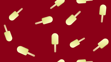 ice cream sweet, milk, popsicle white on a stick on a red background, vector illustration, pattern. a delicious dessert for children and adults. wallpaper for cafe and restaurant, kitchen decoration