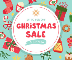Christmas sale banner with holiday elements. Vector illustration in flat style.