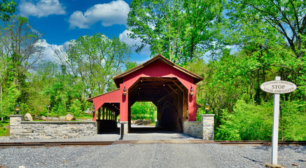 Close Up View of a Restored Old 1844 Covered Bridge on a Sunny Spring Day