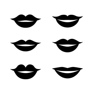 Black and white set of different male and female happy lips. Asian, European, African cartoon simple mouths, shape variations of smiles. Vector illustration, easy to use for drawing character.