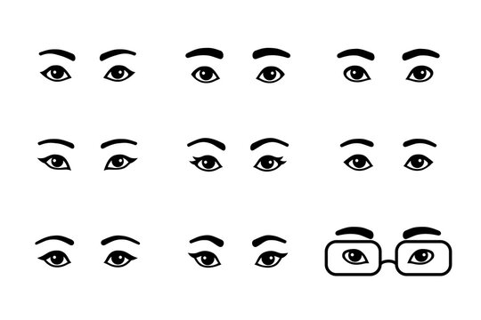 Black and white set of different male and female eyes. Asian, European, African cartoon simple pairs of eyes with eyebrows, shape variations, men and women. Vector illustration, easy to edit.