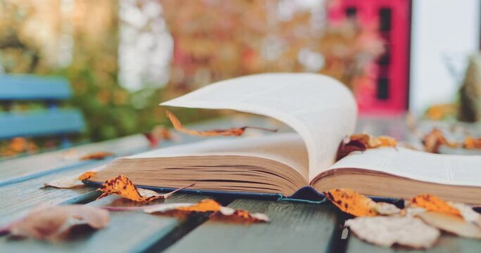 Book Pages Turning In The Autumn Wind, Close Up. SLOW MOTION. Open book on an old table covered with fallen yellow leaves. Cozy magical fall aesthetics. 