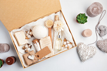 Preparing self care package, seasonal gift box with plastic free zero waste cosmetics products