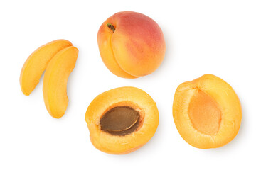 apricot fruit with half and slices isolated on white background. Clipping path. Top view. Flat lay