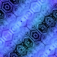 Neon light on black kaleidoscopic seamless repeat pattern. High quality illustration. Funky nightlife retro revival design. Futuristic dramatic glow lighting. 