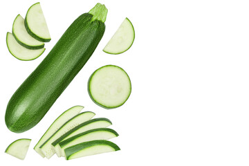 Fresh sliced zucchini isolated on white background. Top view with copy space for your text. Flat lay