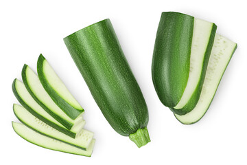 Fresh sliced zucchini isolated on white background with clipping path and full depth of field. Top view. Flat lay