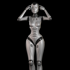 Fototapeta na wymiar 3d render of a very detailed female robot or futuristic cyber girl touching her head with both arms, isolated on black background