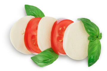 Mozzarella cheese sliced with basil leaf and tomato isolated on white background with clipping...