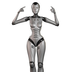 3d render of a very detailed female robot or futuristic cyber girl pointing fingers with both arms towards her head, isolated on white background