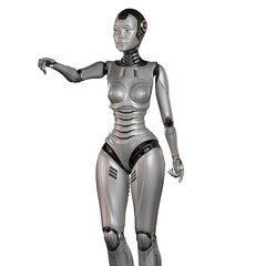 3d render of a very detailed female robot or futuristic cyber girl pointing her finger towards somebody or something, isolated on white background