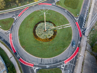 Aerial drone view. Roundabout with bicycle markings.