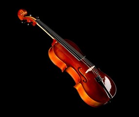 Brown wooden fiddle or violin, classic musical instrument, isolated over black background