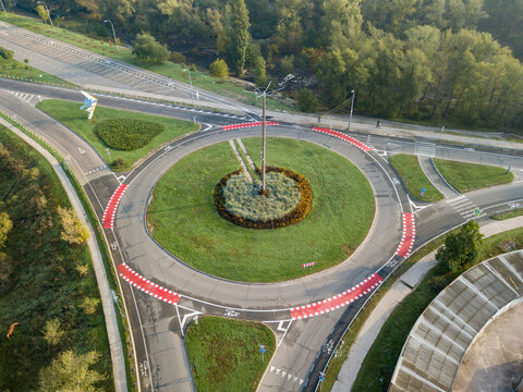 Aerial drone view. Roundabout with bicycle markings.