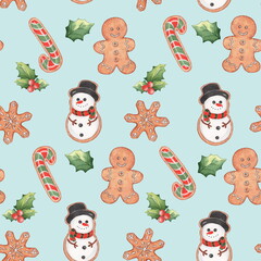 Seamless pattern with Christmas cookies. Watercolor illustration 2
