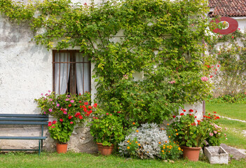 Fototapeta na wymiar Exterior of an old traditional rural building deorated with plants and flowers