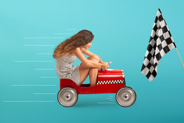 Reckless girl is driving very fast the car
