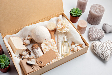 Preparing self care package, seasonal gift box with plastic free zero waste cosmetics products