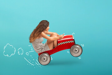Reckless girl is driving very fast the car