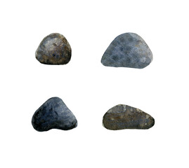 Fototapeta na wymiar River stones, gray, brown. Children's watercolor illustration. Objects on a white background.