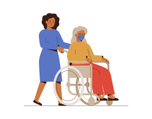 Nurse or social worker helps the elderly disabled patient and drives her in a wheelchair. A young female volunteer is taking care of a senior woman. Medical aid vector concept.