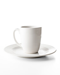 Porcelain cups and plates on white background, photo taken in studio