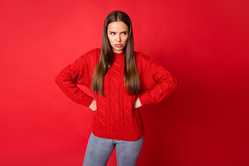 Photo of sad girl look copyspace daily quarrel concept isolated over red vibrant color background