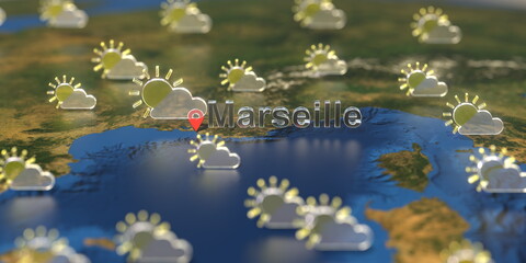 Partly cloudy weather icons near Marseille city on the map, weather forecast related 3D rendering