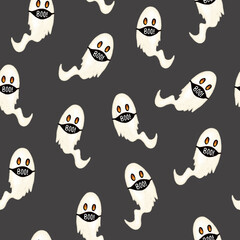 Halloween 2020 Coronavirus ghosts wearing face masks. Seamless pattern Covid social distancing Halloween seamless repeating border. 