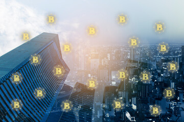 Double exposure bitcoins crypto currency's sign on global network connection concept. Trend of digital business economy. elements of this Images furnished by NASA.