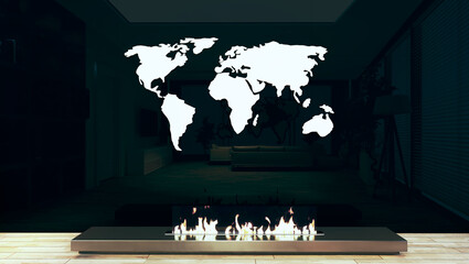 Fototapety  Modern chrome fireplace design idea with world map 3D rendering
