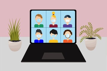 Videoconference illustration. Stay and work from home isolation. Workplace, a laptop screen home plants, people in protective masks are talking on the Internet. Streaming, chatting online, meeting