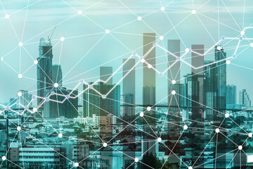 Double exposure business network trading connection and economic uptrend stock graph on money and capital financial city background. element of this images furnished by NASA