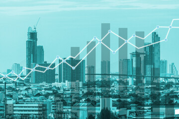 Obraz premium Double exposure business network trading connection and economic uptrend stock graph on money and capital financial city background. element of this images furnished by NASA