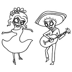 Costumed mexicans on white isolated backdrop. Day of the dead symbol for invitation or gift card, notebook, bath tile, scrapbook Phone case or cloth print Doodle style stock vector illustration