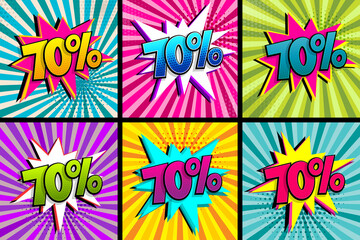 Comic text 70 percent quality set. Colored speech bubble on radial background. Comics book explosion wow boom offer collection. Halftone radial vintage. Promo sale seventy percent poster