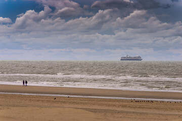 Dunes on the  Katwijk beach, Netherlands, with cruisers and tankers on the horizon