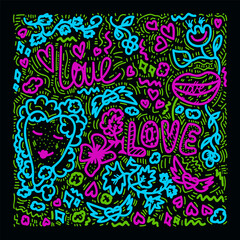 Illustration Background about Love. With the words Love. Pattern for a postcard, hand-drawn multicolour in the style of doodles. The image shows hearts, clouds, red on a white background. Vector