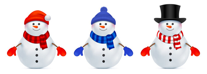 Set of vector snowman dressed in a different style - obrazy, fototapety, plakaty