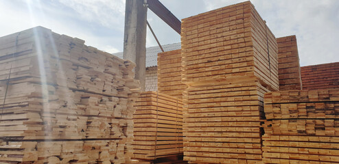 Lumber yard. Stack of wooden planks