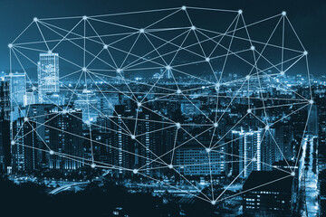Global economic concept. Double exposure business trading trend graph on network connection and money background