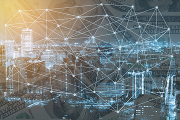 Double exposure business network trading connection and economic uptrend stock graph on money and capital financial city background. element of this images furnished by NASA