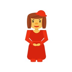 A woman with a haircut in a red hat and a red dress stands and smiles in flat style. 