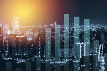 Double exposure business network trading connection and economic uptrend stock graph on money and...