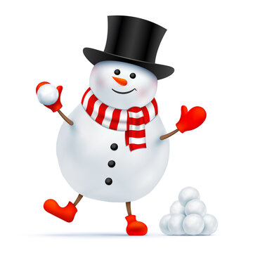 Happy snowman with a black top hat playing a snowball game. Vector illustration of smiling Santa Claus, standing near the bunch of snowballs and holding a snowball in his hand. Christmas character.